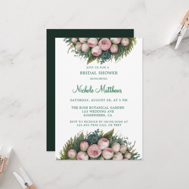 Invitación Elegante Wreath Green Pink Buds Bridal Shower (Anverso/Reverso In Situ)