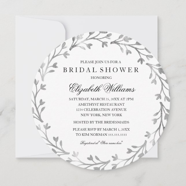 Invitación Elegante Wreath Silver Floral Bridal Shower Invite (Anverso)