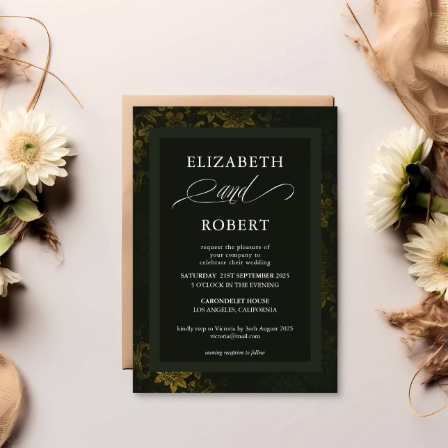 Invitación Elegante y atemporal Boda floral verde oscuro y do (Subido por el creador)