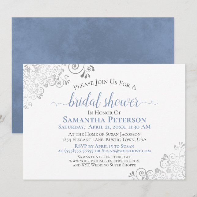 Invitación Elegante y azul turbio plateado en ducha de novia  (Anverso / Reverso)