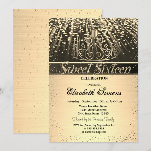 Invitación Elegante y brillante Tiara Confetti dulce 16 (Anverso / Reverso)