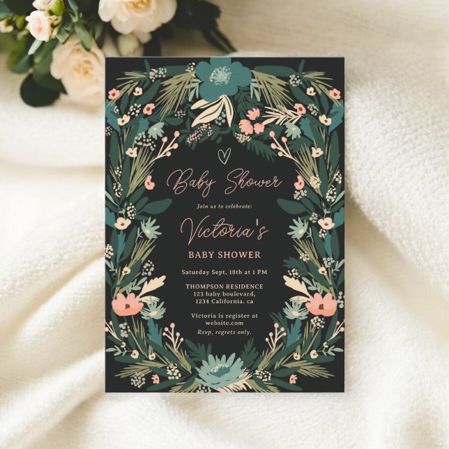 Invitación Elegante y caprichosa Baby Shower floral rosa verd (Whimsical Elegant Green Pink Floral Baby Shower)