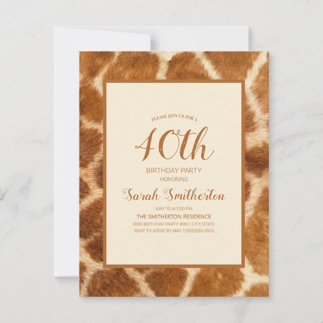 Invitación Elegante y caprichosa Giraffe Imprimir 40 cumpleañ (Anverso)