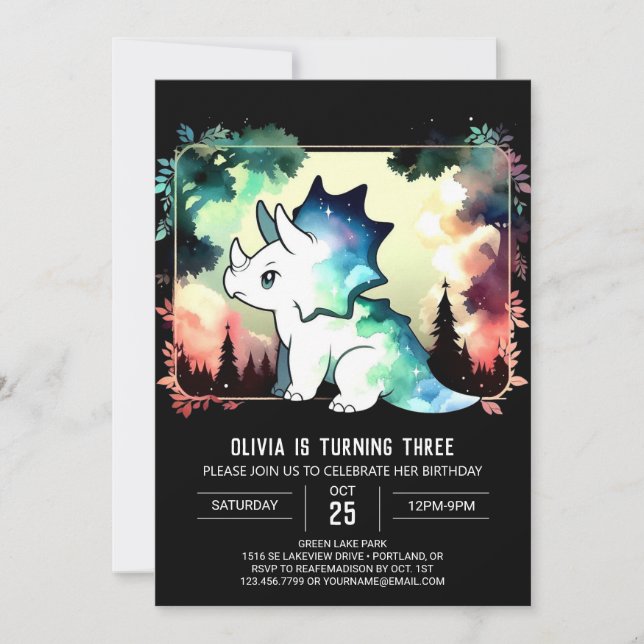 Invitación Elegante y caprichoso cumpleaños de Triceratops (Anverso)
