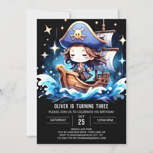 Invitación Elegante y caprichoso cumpleaños del pirata (Anverso)