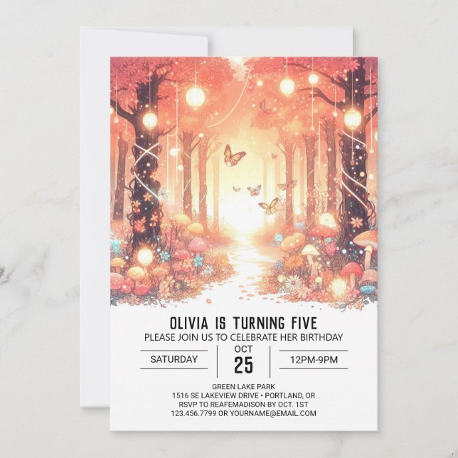 Invitación Elegante y caprichoso cumpleaños digital Woodland (Anverso)