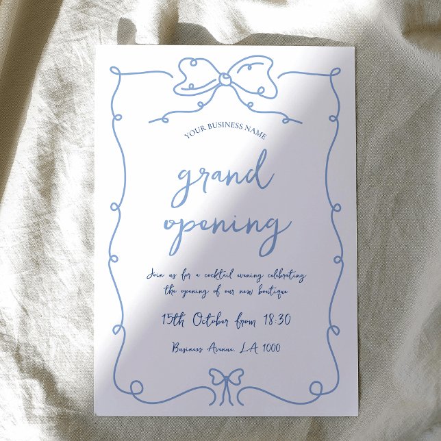 Invitación Elegante y caprichoso evento de apertura de negoci (Elegant hand-drawn business grand opening invitation with handwritten style font in blue and white)