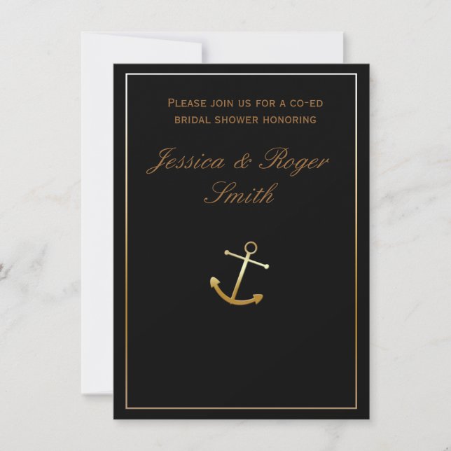 Invitación elegante y chic de oro negro con ancla  (Anverso)