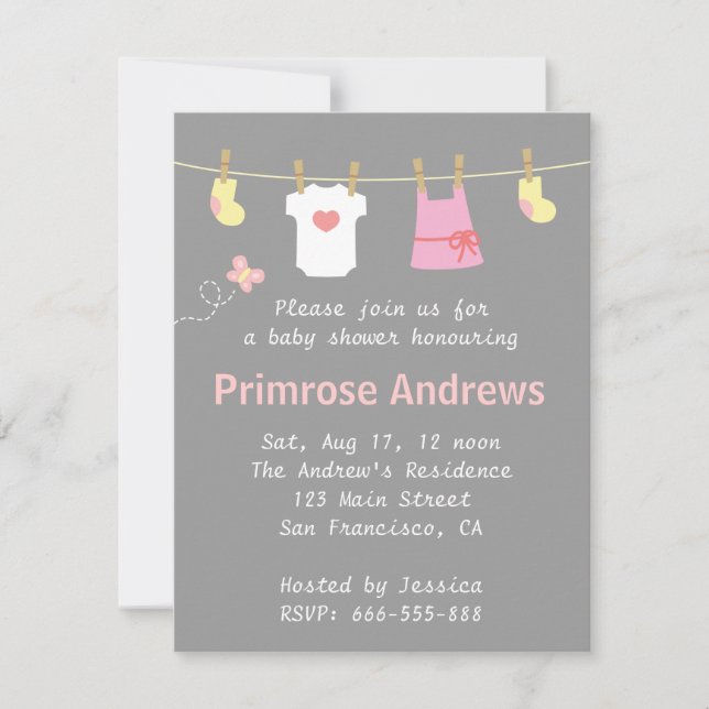 Invitación Elegante y Chica lindo Baby Shower, Grey Chevron (Anverso)