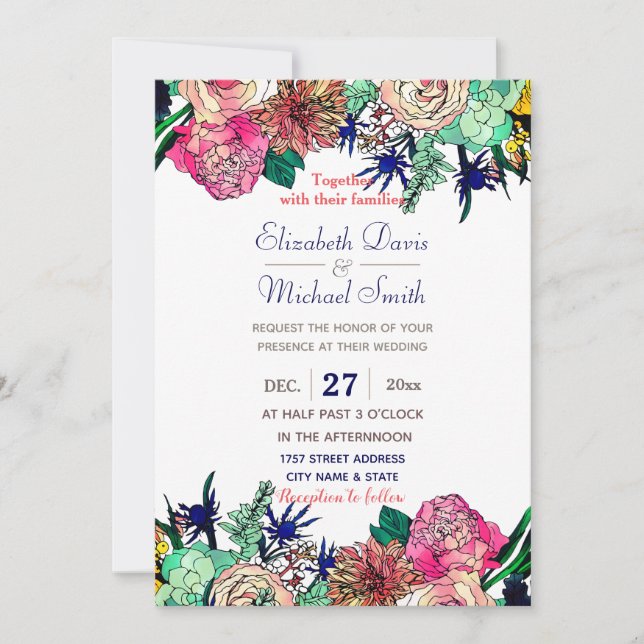 Invitación Elegante y colorido acuarela Floral Bouquet (Anverso)