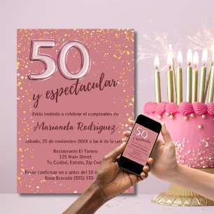 Invitación Elegante y con Estilo Rosa Dorado Cumpleaños 50 Es