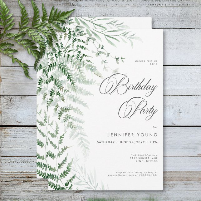 Invitación Elegante y Delicado Verdor Fern Cumpleaños (Elegant Delicate Greenery Ferns Birthday Invitation)