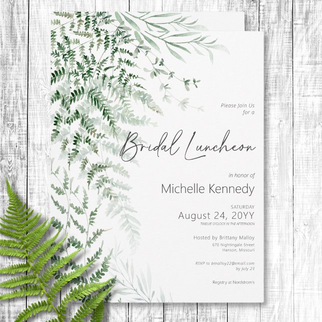 Invitación Elegante y Delicado Verdor Ferns Bridal Luncheon (Elegant Delicate Greenery Ferns Bridal Luncheon Invitation)