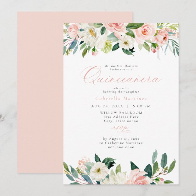 Invitación Elegante y dulce Rubor Floral rosa Quinceañera (Anverso / Reverso)