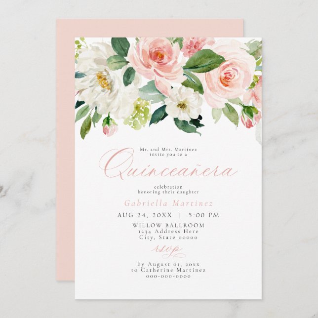 Invitación Elegante y dulce Rubor Floral rosa Quinceañera (Anverso / Reverso)