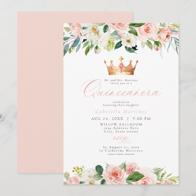 Invitación Elegante y dulce Rubor Floral rosa Quinceañera (Anverso / Reverso)