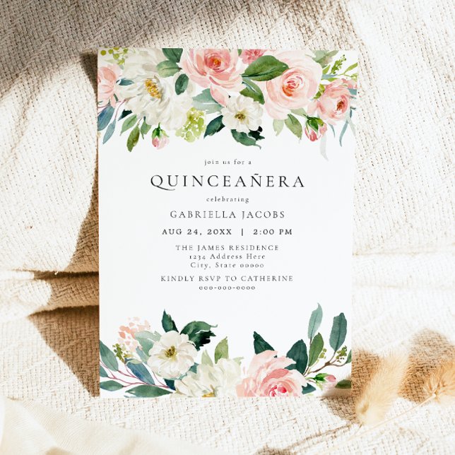 Invitación Elegante y dulce Rubor Floral rosa Quinceañera (Subido por el creador)