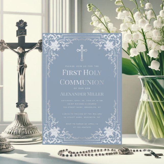 Invitación Elegante Y Dusty Blue Faux Silver Boy Primera Comu (Subido por el creador)