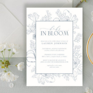 Invitación Elegante Y Dusty Blue Floral Line Art Baby In Bloo