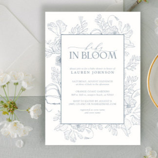 Invitación Elegante Y Dusty Blue Floral Line Art Baby In Bloo