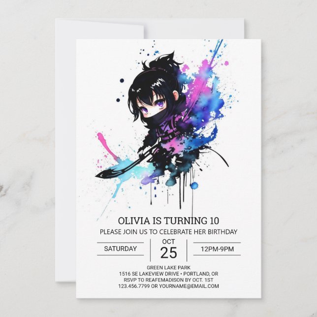 Invitación Elegante y editable cumpleaños Chica Ninja (Anverso)