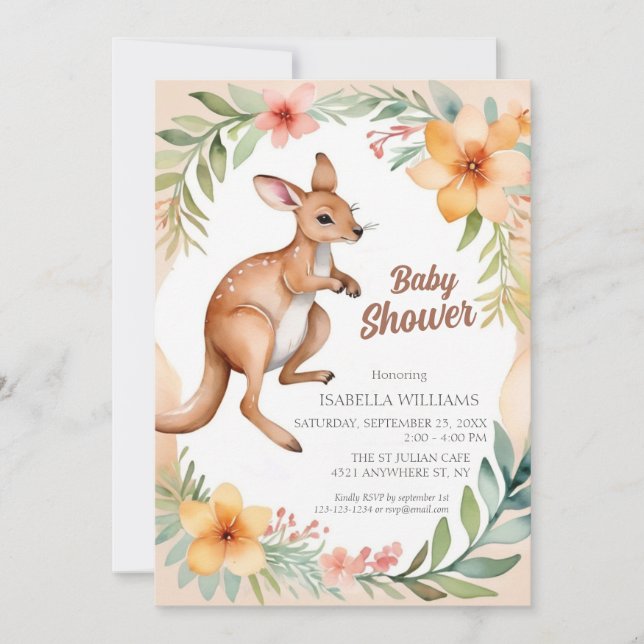 Invitación Elegante y elegante Baby Shower de canguro floral (Anverso)