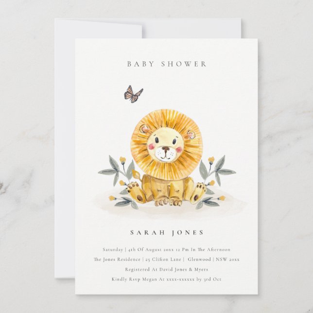 Invitación Elegante y elegante Baby Shower de león de Woodlan (Anverso)