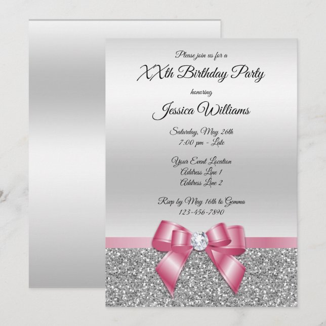 Invitación Elegante y elegante Bow Rosa y Purpurina Plata Cum (Anverso / Reverso)