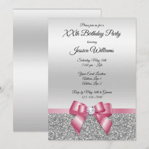Invitación Elegante y elegante Bow Rosa y Purpurina Plata Cum