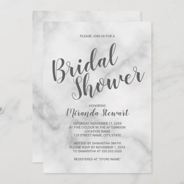 Invitación Elegante y elegante ducha de novia en mármol blanc (Anverso / Reverso)