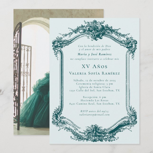 Invitación Elegante y elegante Emerald Quinceañera 15º cumple (Anverso / Reverso)