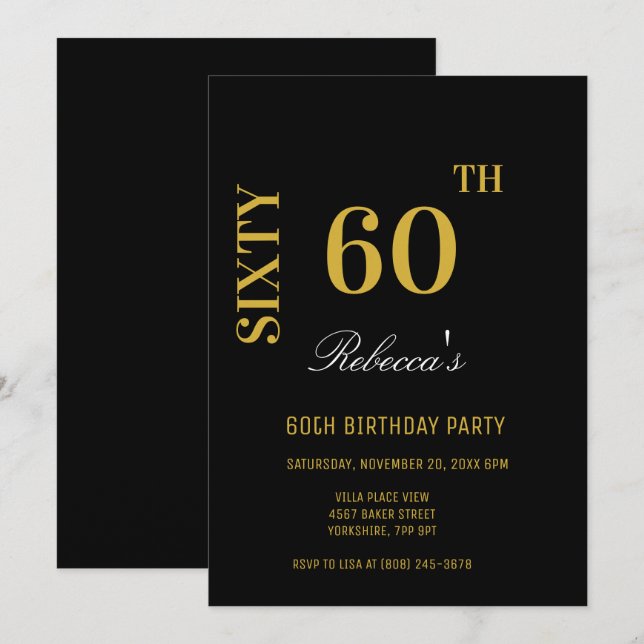 Invitación Elegante y elegante fiesta de cumpleaños 60 en neg (Anverso / Reverso)