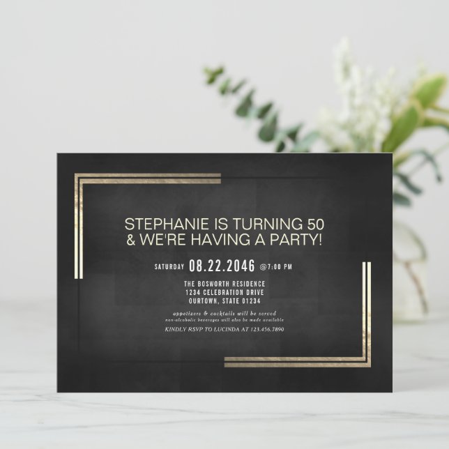 Invitación Elegante y elegante fiesta de cumpleaños negro/oro (Anverso de pie)