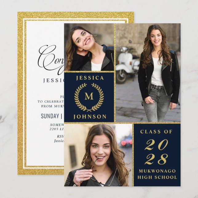 Invitación Elegante y elegante fiesta de graduación de fotos  (Anverso / Reverso)