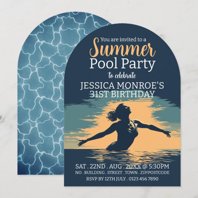 Invitación Elegante y elegante Fiesta de piscina cumpleaños (Anverso / Reverso)