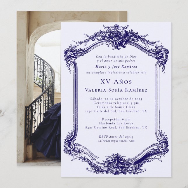 Invitación Elegante y elegante Marina Azul Quinceañera 15º cu