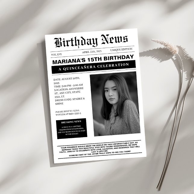 Invitación Elegante y elegante periódico Quinceañera (Subido por el creador)