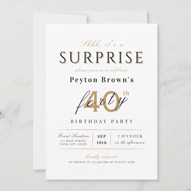 Invitación Elegante y elegante sorpresa 40 cumpleaños (Anverso)