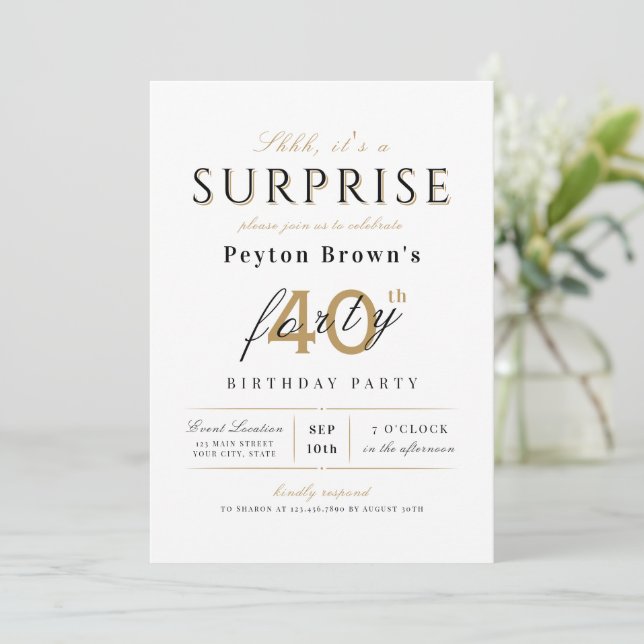 Invitación Elegante y elegante sorpresa 40 cumpleaños (Anverso de pie)