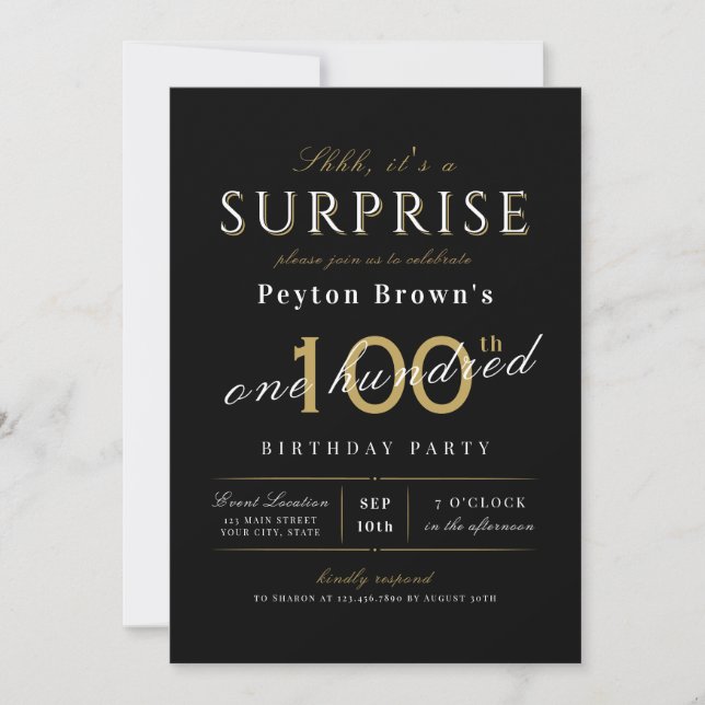 Invitación Elegante y elegante sorpresa de 100 años (Anverso)