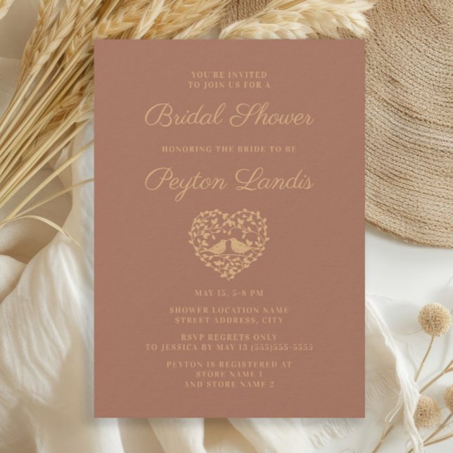 Invitación Elegante y elegante terracota Rust Love Birds Brid (Terracotta/burnt orange Love Birds bridal shower invitation)