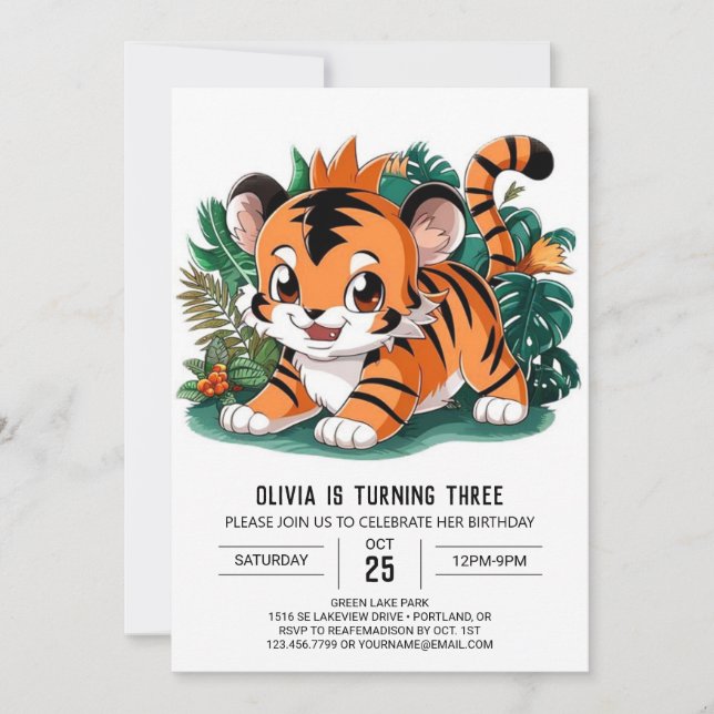 Invitación Elegante y encantador cumpleaños digital de tigres (Anverso)