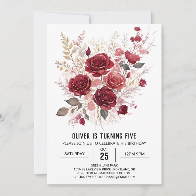 Invitación Elegante y encantador cumpleaños floral de Borgoña (Anverso)
