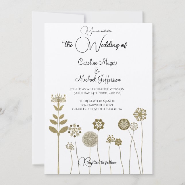 Invitación Elegante y eterno minimalismo floral de oro suave (Anverso)