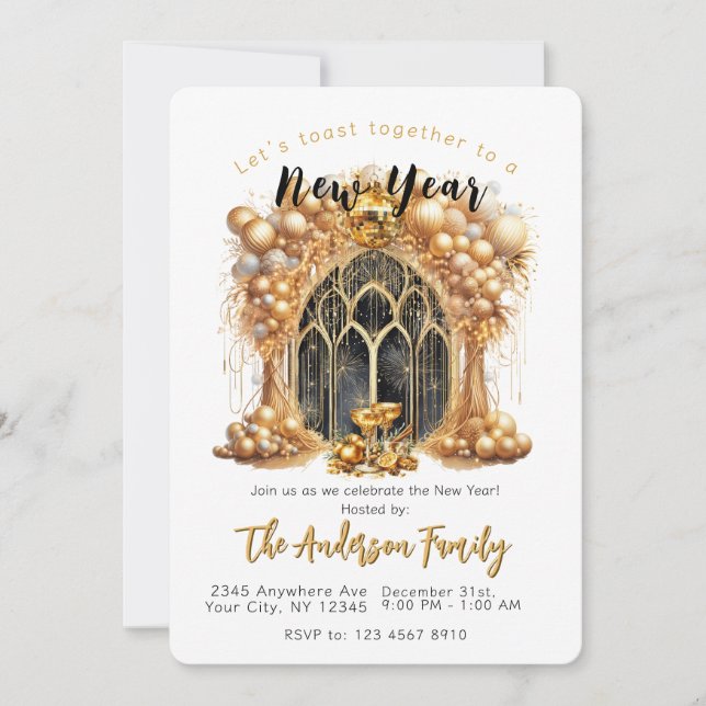 Invitación Elegante y Fiesta de Año Nuevo Oro (Anverso)