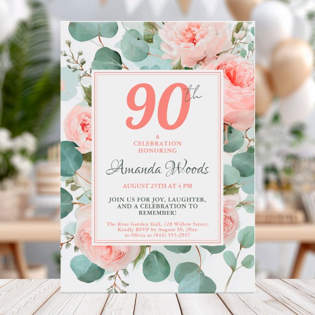 Invitación Elegante y floral cumpleaños 90 con rosas (Subido por el creador)