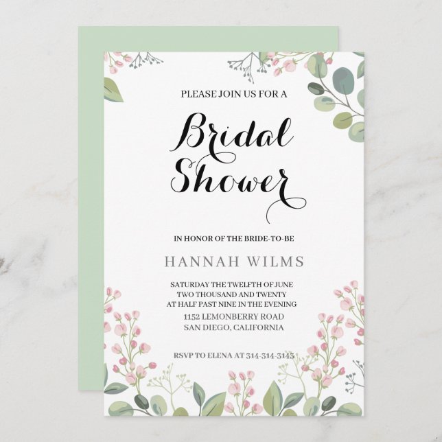Invitación Elegante y floral Minty Green Bridal Shower (Anverso / Reverso)