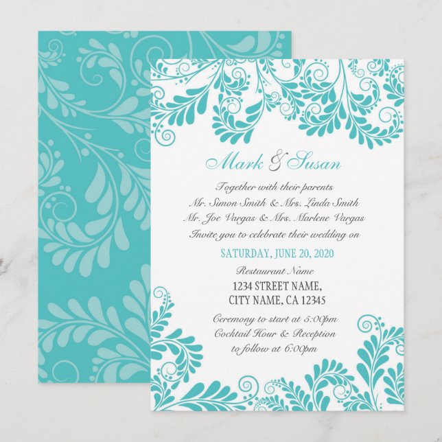 Invitación Elegante y floreciente Curly Turquois Wedting (Anverso / Reverso)