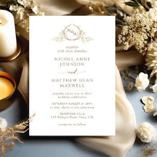 Invitación Elegante y formal Boda de Monograma Blanco y Oro