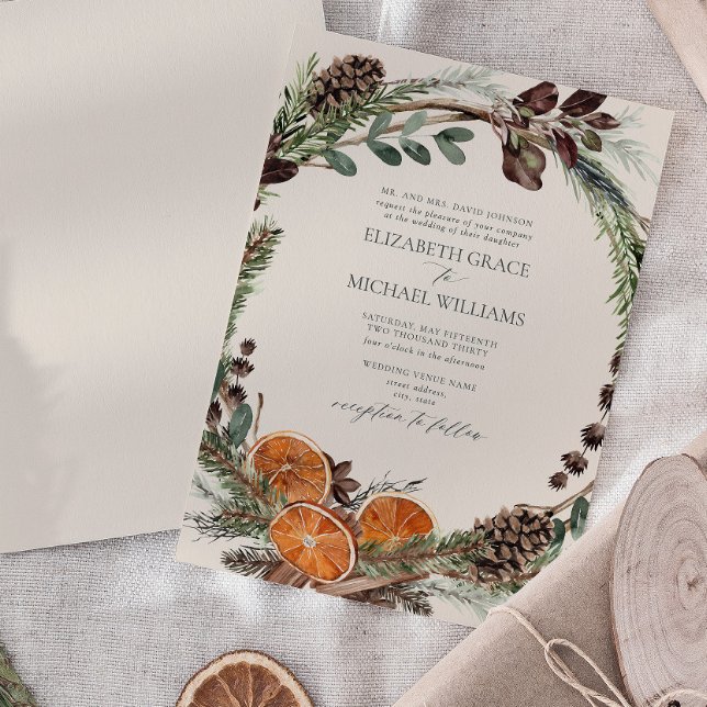 Invitación Elegante y formal Citrus Boho Verdor Boda de Invie (Easily personalize this formal bohemian citrus invitation for the perfect fall or winter wedding)